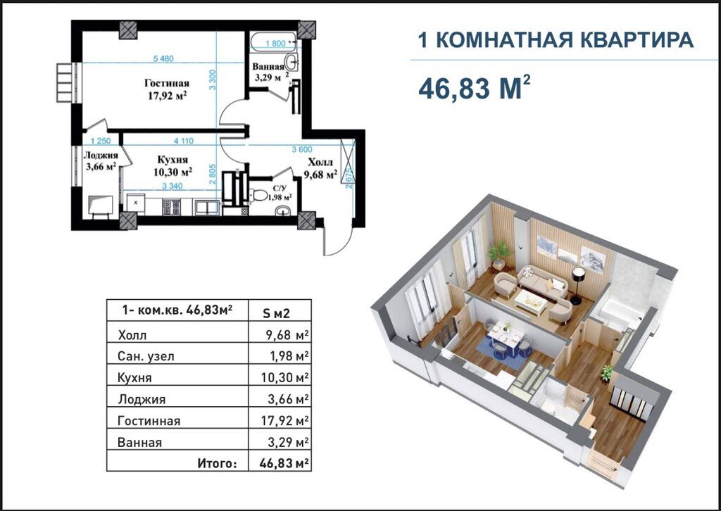 1 комната, 46 м², Элитка, 15 этаж, ПСО (под самоотделку): фото 3