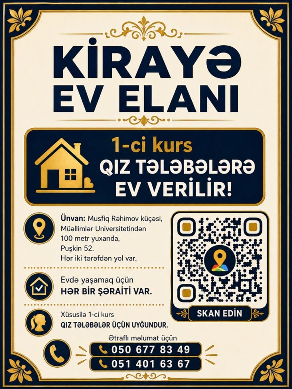 Kirayə ev elanıdır – 1-ci kurs qız tələbələr üçün. - Ünvan: Müşfiq