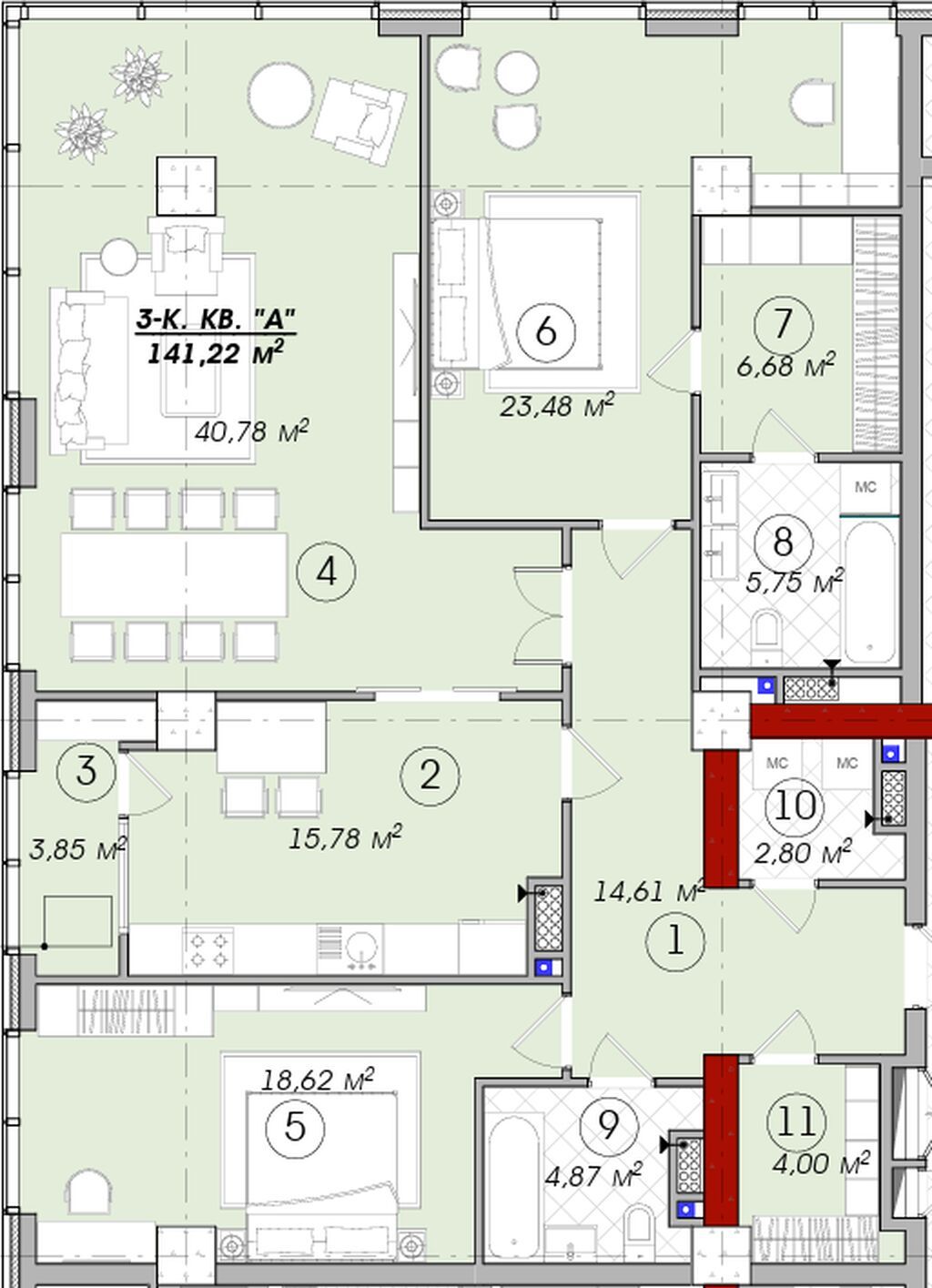 3 комнаты, 141 м², Элитка, 9 этаж, ПСО (под самоотделку): фото 3