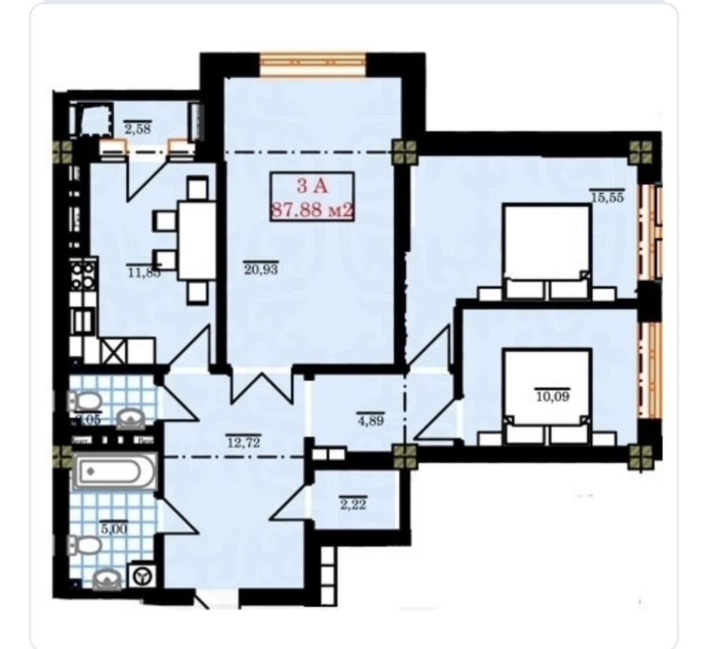 3 комнаты, 87 м², Джал-15 Элитка, 5 этаж, ПСО (под самоотделку): фото 3
