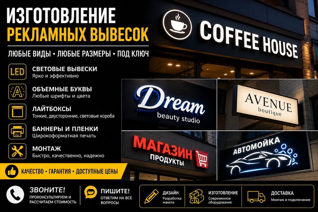 ИЗГОТОВЛЕНИЕ РЕКЛАМНЫХ ВЫВЕСОК Любые виды и размеры, работы под ключ