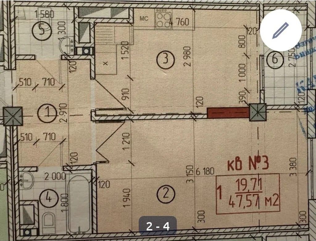 1 комната, 47 м², Джал мкр (в т.ч. Верхний, Нижний, Средний) Элитка, 2 этаж, ПСО (под самоотделку): фото 2