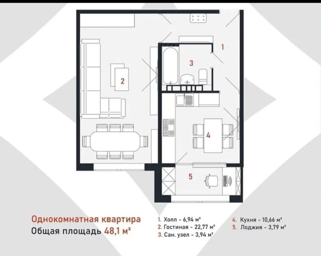 1 комната, 48 м², Церковь 7 этаж, ПСО (под самоотделку): фото 2