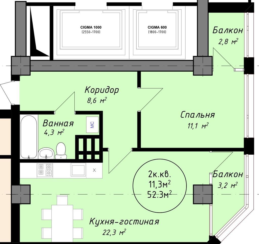1 комната, 40 м², парк Фучика Элитка, 8 этаж, ПСО (под самоотделку): фото 2