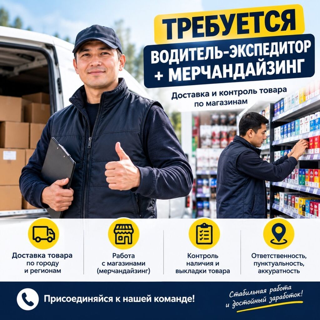 Требуется Водитель-экспедитор, С личным транспортом, 1-2 года опыта, Официальное трудоустройство, Полный рабочий день, Мужчина