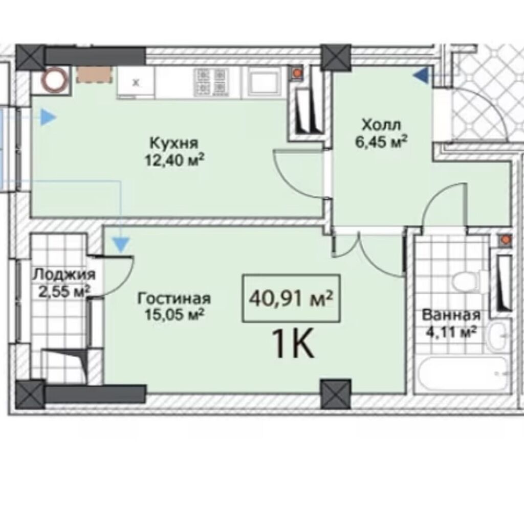1 комната, 41 м², Тунгуч мкр Элитка, 10 этаж, ПСО (под самоотделку): фото 4