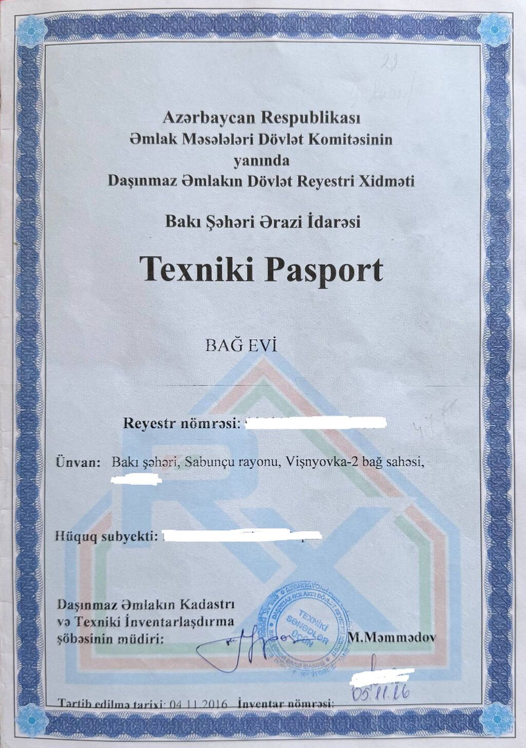 9 sot, Tikinti, Mülkiyyətçi, Kupça (Çıxarış)