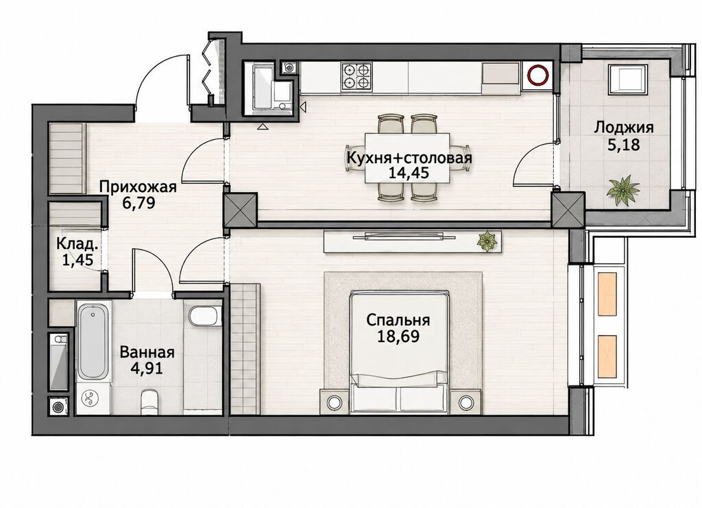 1 комната, 52 м², Юнусалиева/Суванбердиева Элитка, 9 этаж, ПСО (под самоотделку): фото 2