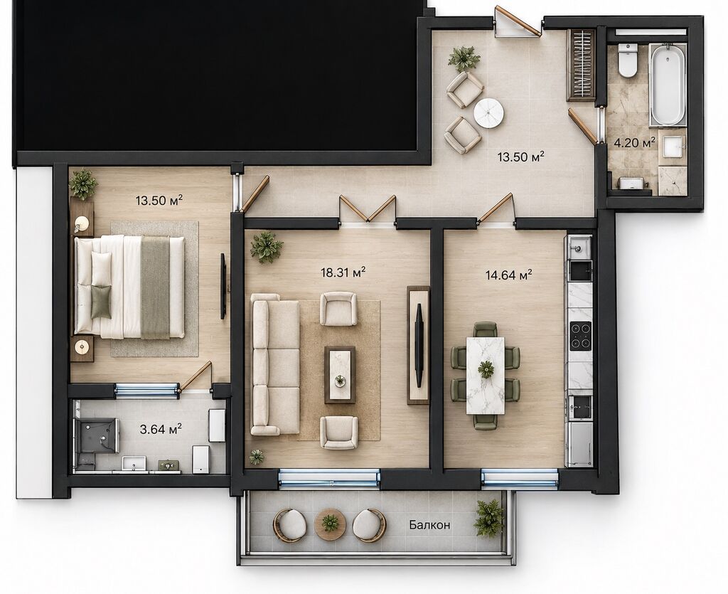2 комнаты, 74 м², Пишпек 11 этаж, ПСО (под самоотделку): фото 2