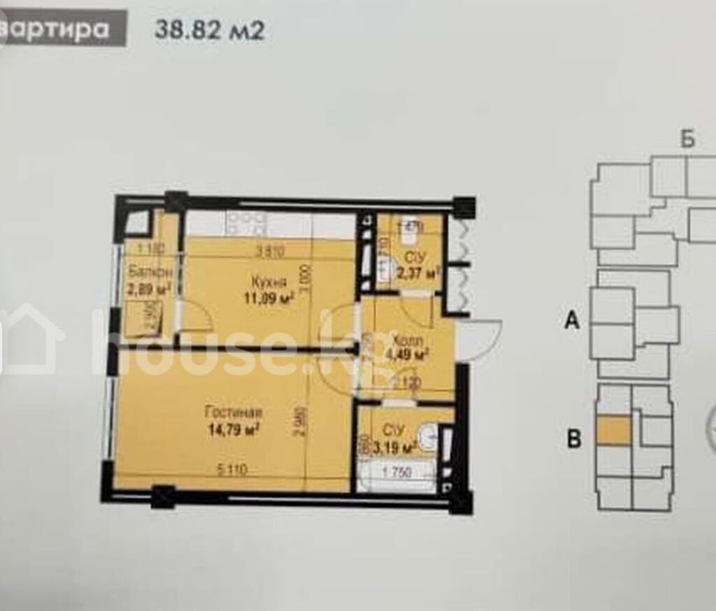 1 комната, 39 м², Аламедин-1 мкр Элитка, 7 этаж, ПСО (под самоотделку): фото 3