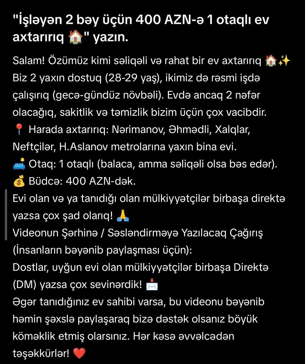 Axtarılır: 1 otaqlı kirayə bina evi - İcarəçilər: 2 nəfər, rəsmi işdə