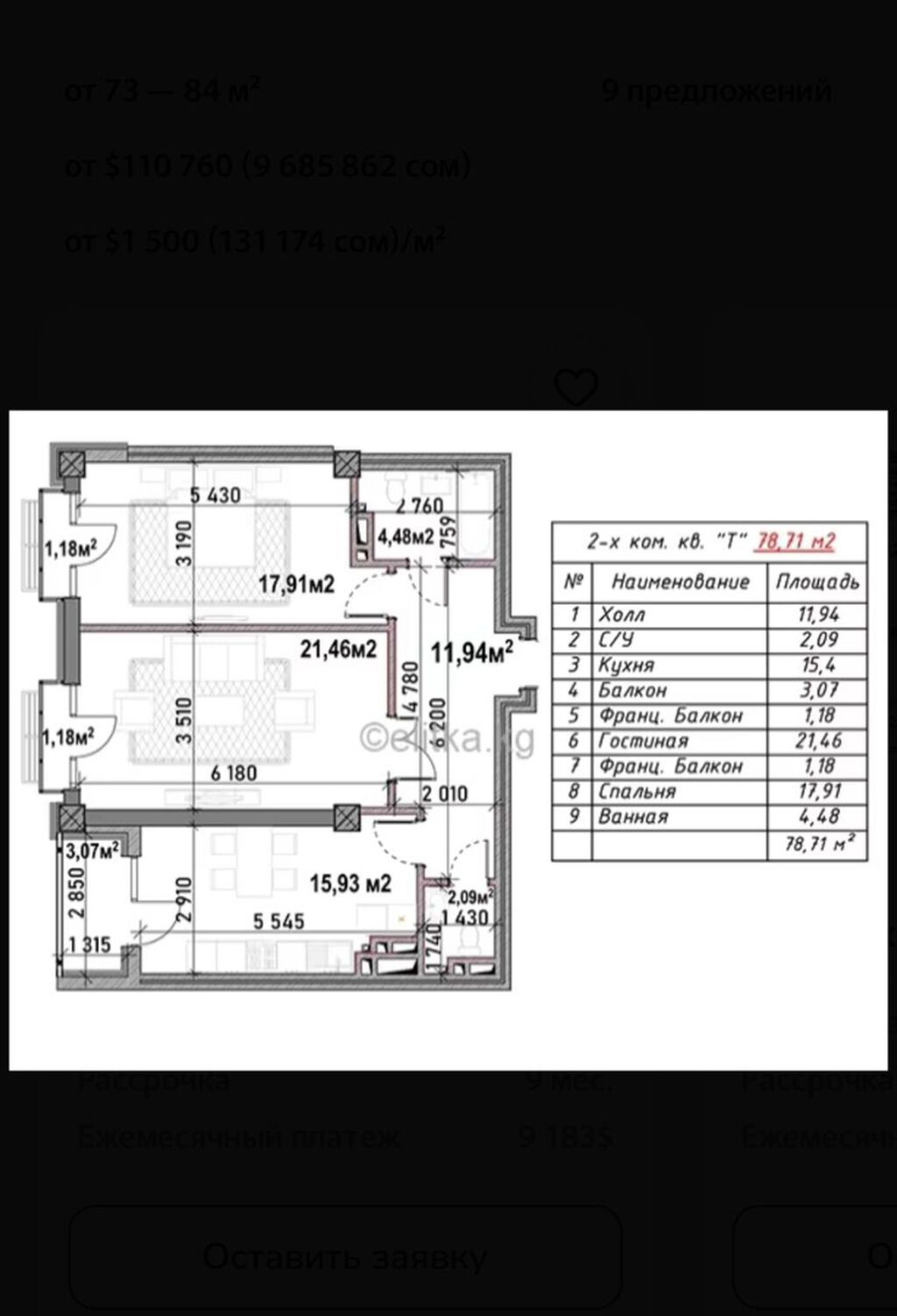 2 комнаты, 77 м², Южная Магистраль Элитка, 3 этаж, ПСО (под самоотделку): фото 2