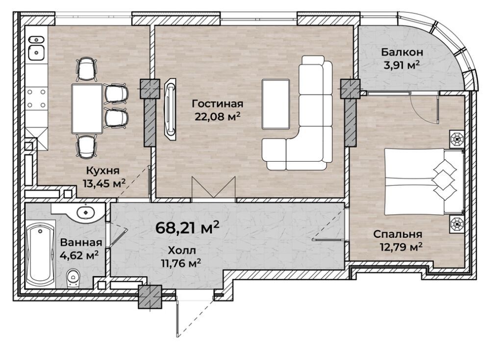 2 комнаты, 68 м², Ботанический сад Элитка, 6 этаж, ПСО (под самоотделку): фото 3