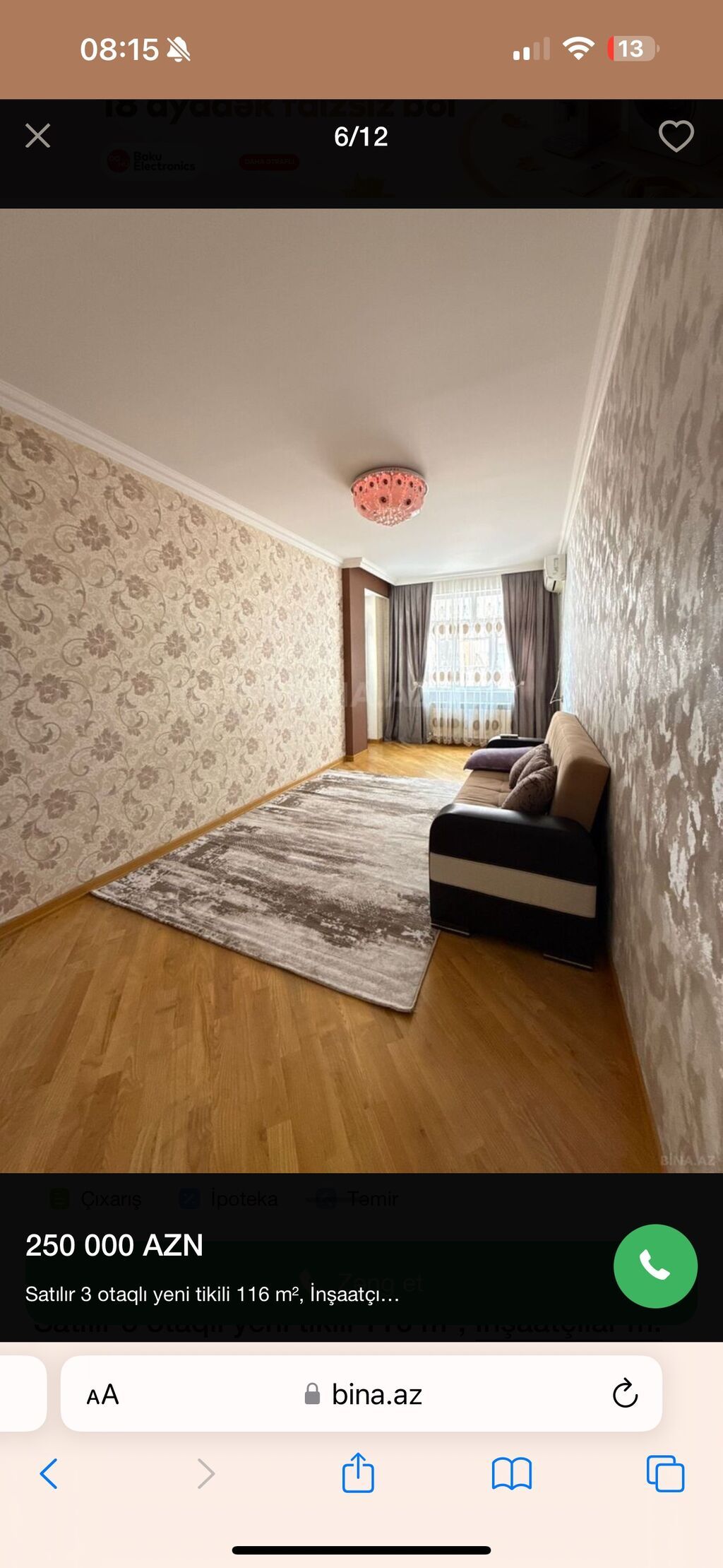 3 otaqlı, Yeni tikili, m. İnşaatçılar, 116 kv. m
