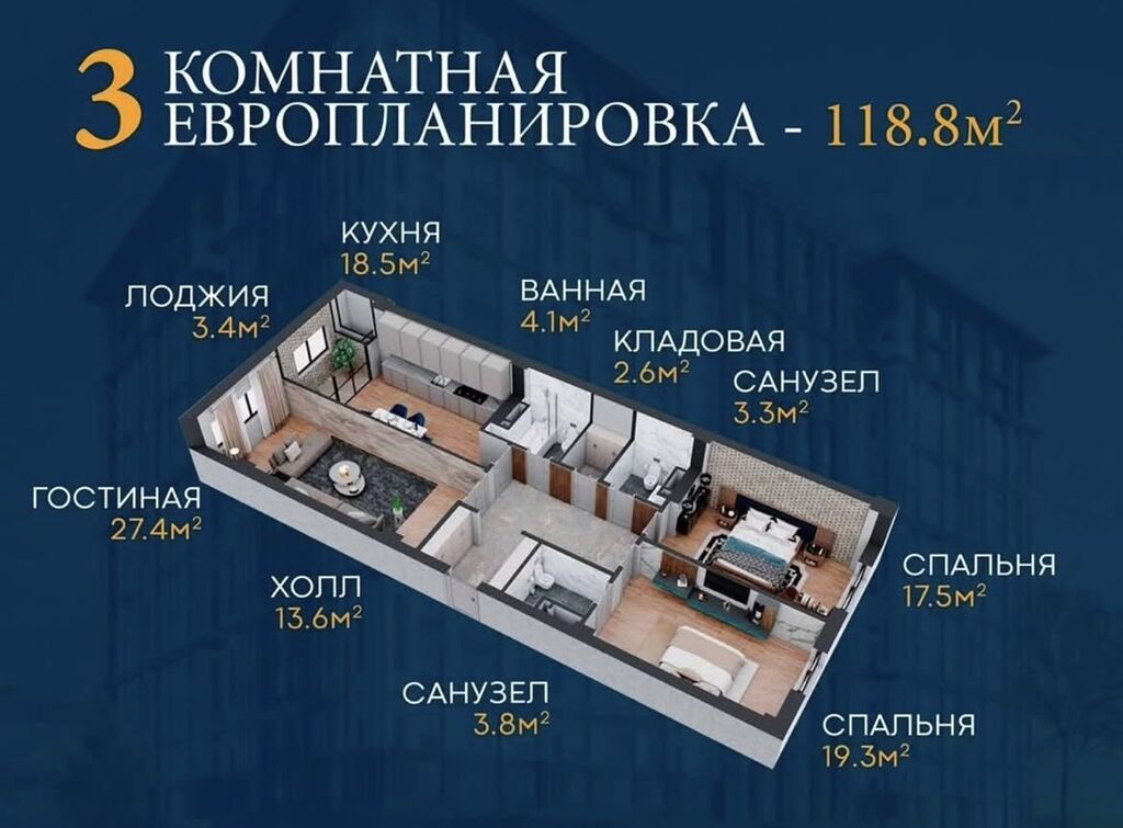 3 комнаты, 113 м², Асанбай мкр Элитка, 9 этаж, ПСО (под самоотделку): фото 4
