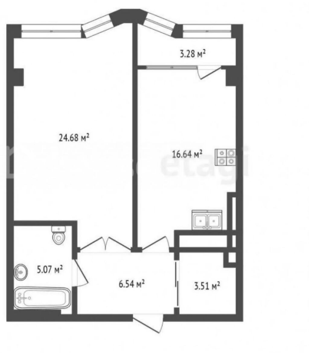 1 комната, 60 м², Ак-Кеме (старый аэропорт) Элитка, 5 этаж, ПСО (под самоотделку): фото 2