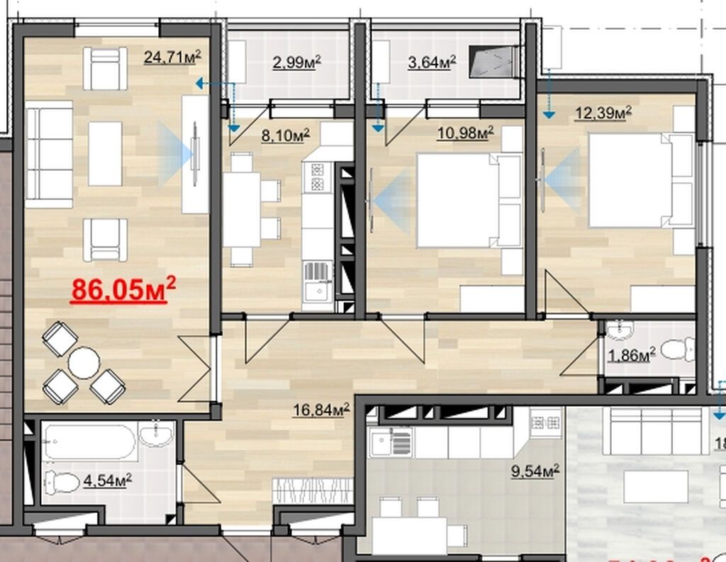 3 комнаты, 86 м², ул. Лев Толстой Элитка, 12 этаж, ПСО (под самоотделку): фото 2
