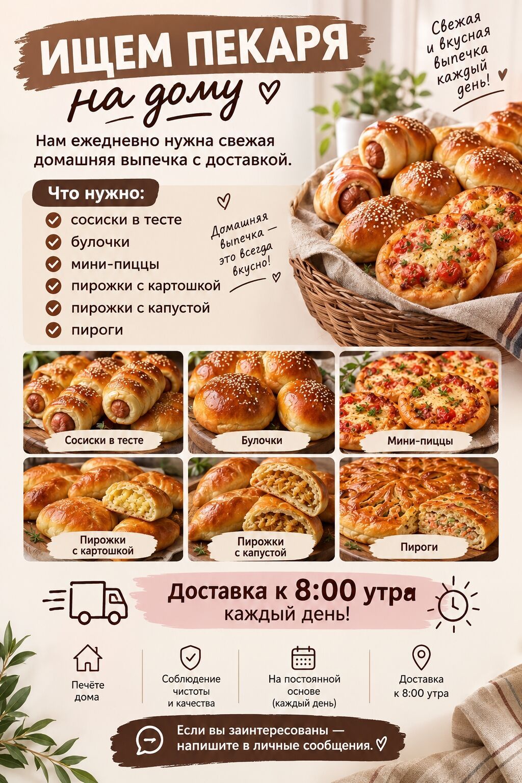 Требуется пекарь на дому, оплата ежедневно