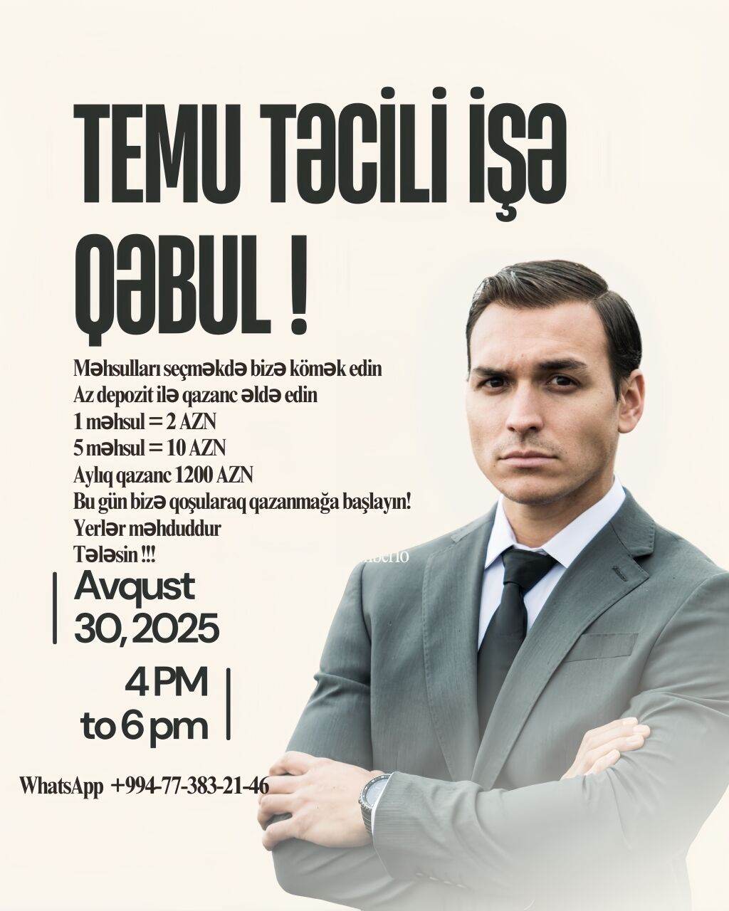 Digər ixtisaslar: Diqqətlə oxuyun sonra yazın !!! Temu üçün təcili işə qəbul elanı