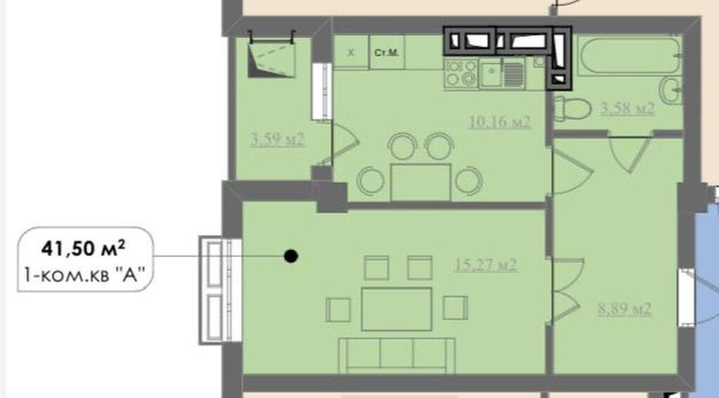 1 комната, 42 м², Элитка, 6 этаж, ПСО (под самоотделку) — фото 3