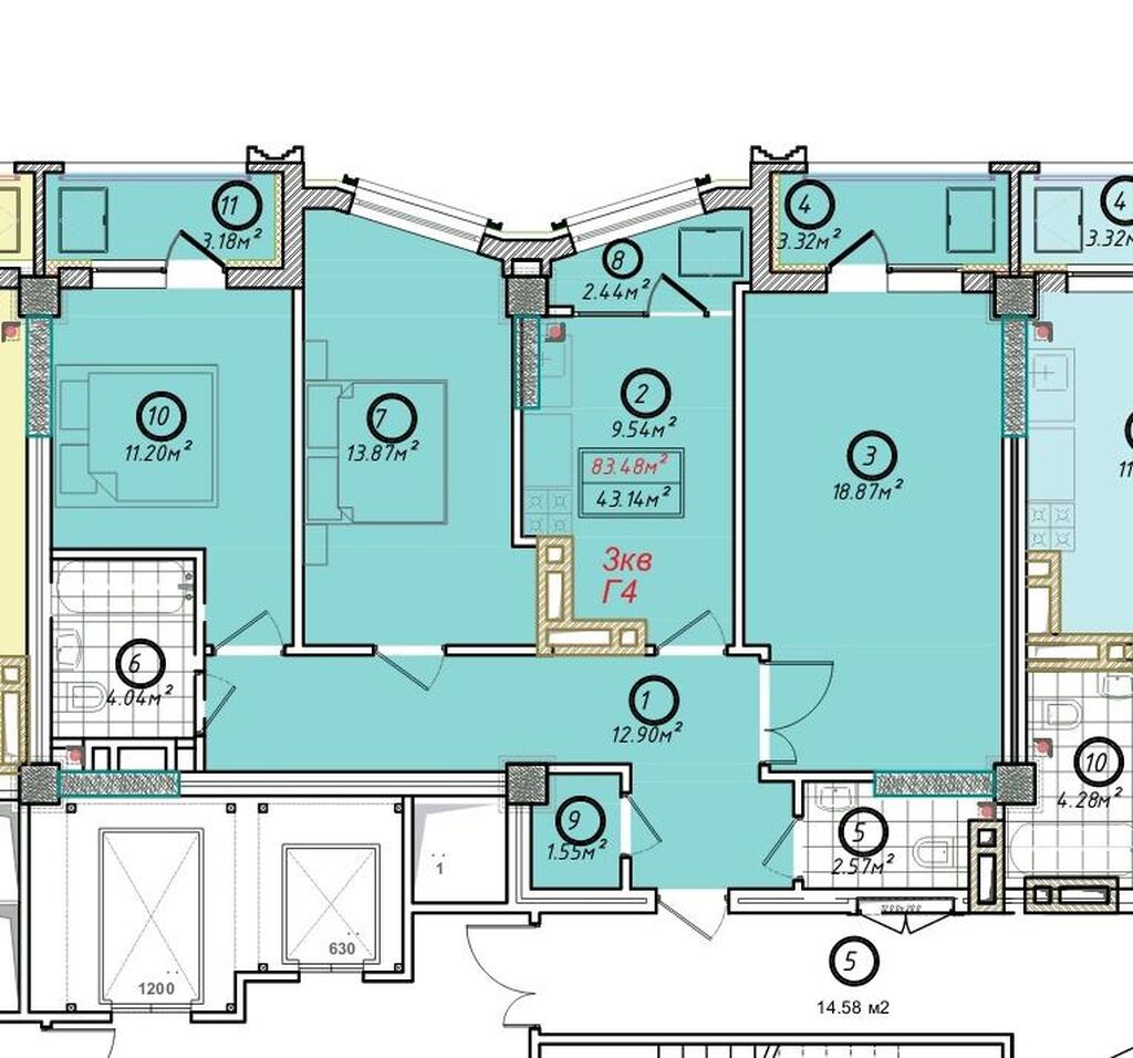 3 комнаты, 83 м², Асанбай мкр Элитка, 10 этаж, ПСО (под самоотделку): фото 2