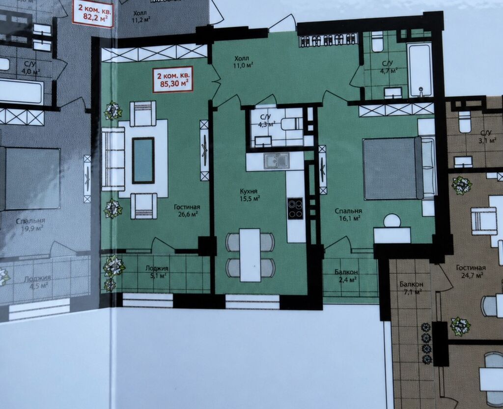 2 комнаты, 85 м², Ала-Арча ТРЦ Элитка, 13 этаж, ПСО (под самоотделку): фото 3