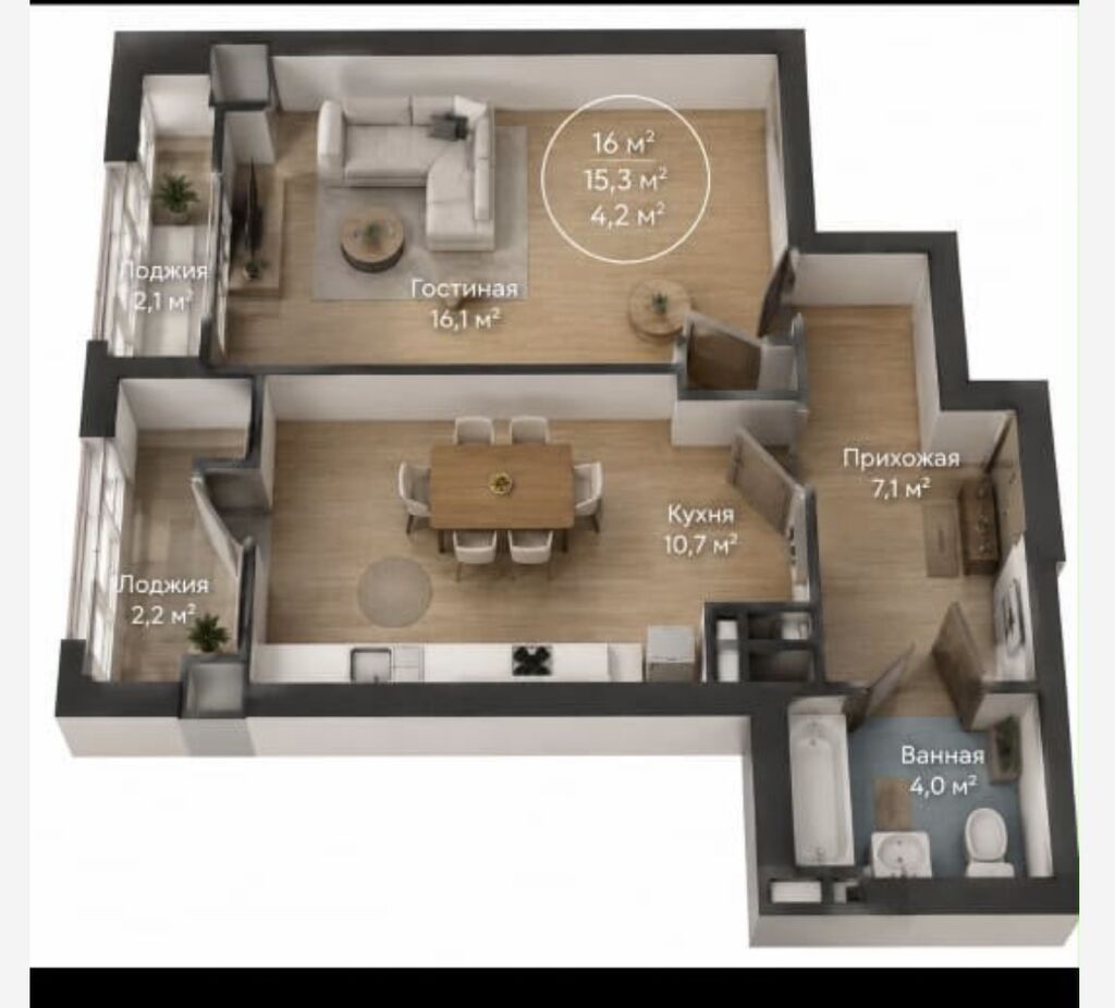 1 комната, 44 м², Шлагбаум Элитка, 4 этаж, ПСО (под самоотделку): фото 2