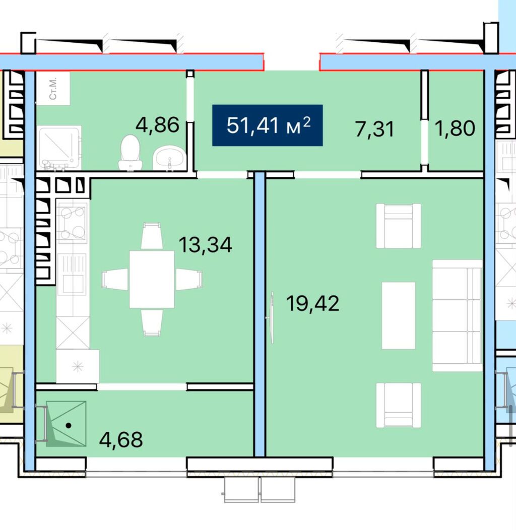 1 комната, 51 м², Достук с. Элитка, 4 этаж, ПСО (под самоотделку): фото 3
