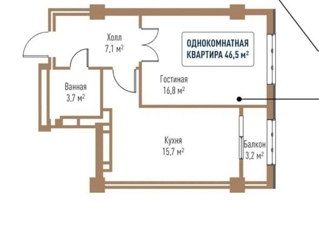 1 комната, 47 м², Элитка, 7 этаж, ПСО (под самоотделку): фото 5