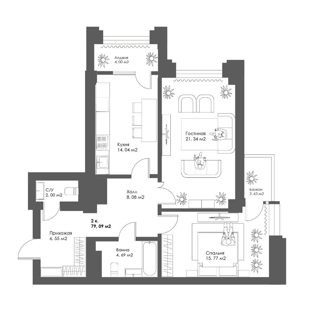2 комнаты, 77 м², Асанбай мкр Элитка, 3 этаж, ПСО (под самоотделку): фото 1