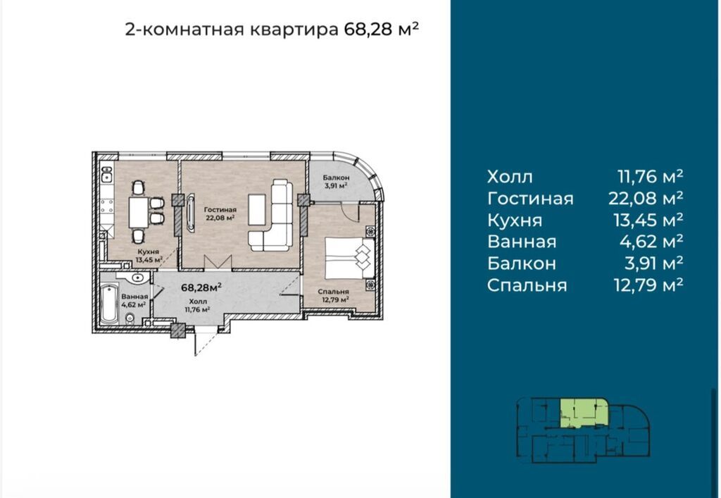 2 комнаты, 68 м², Кок-Жар ж/м Элитка, 6 этаж, ПСО (под самоотделку): фото 4
