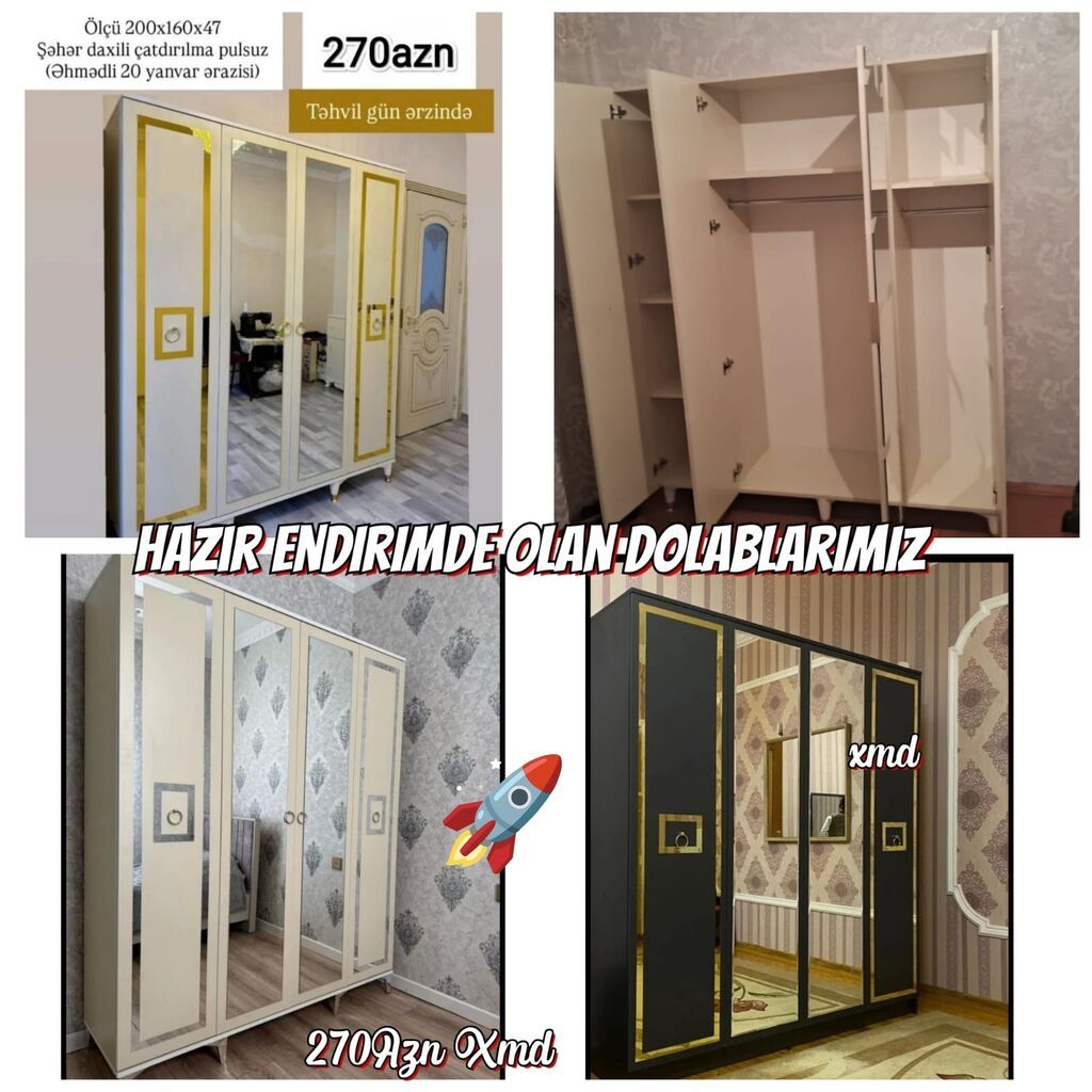 Dördgözlü qarderob dolabı. Ölçüsü 200x160x47 sm-dir. Model güzgülü
