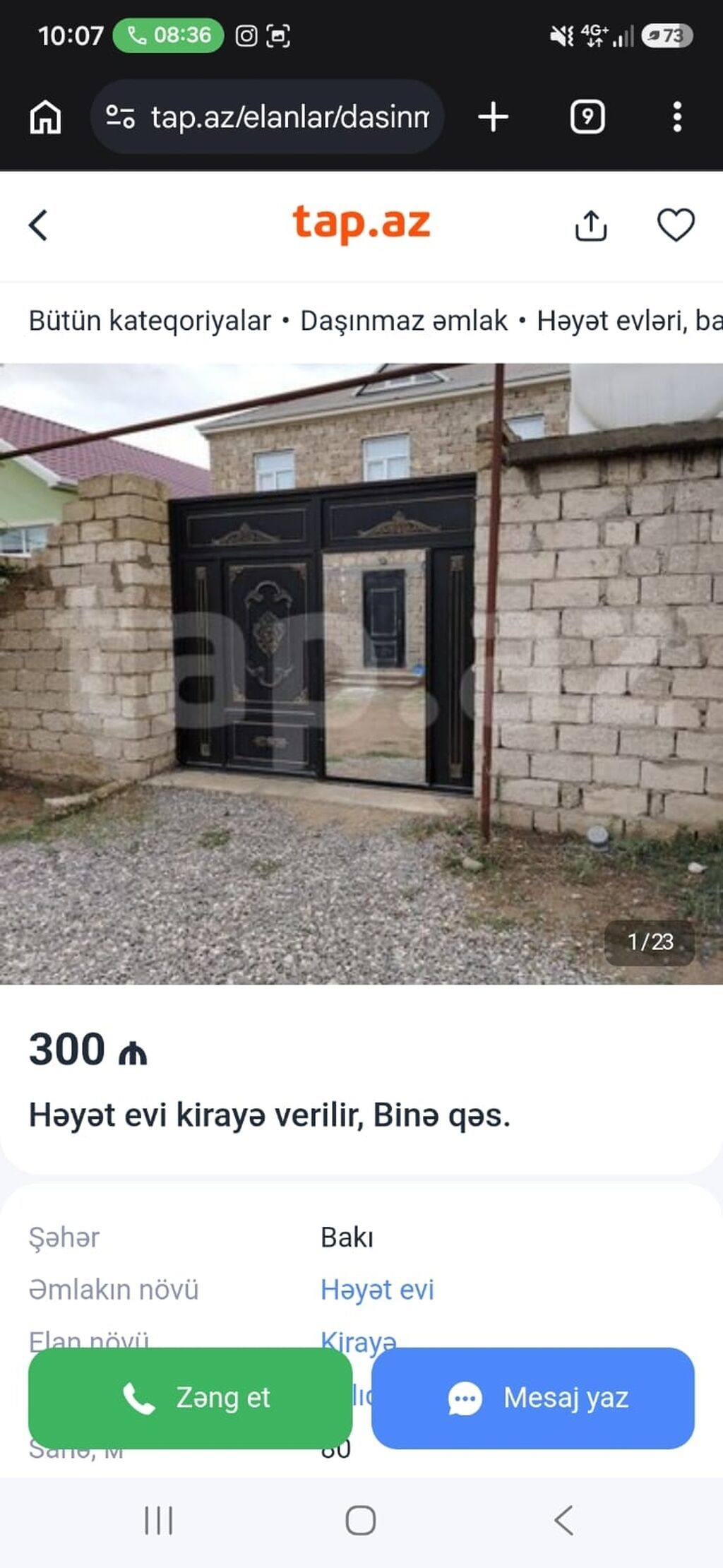 80 kv. m, 2 otaqlı, Qaz