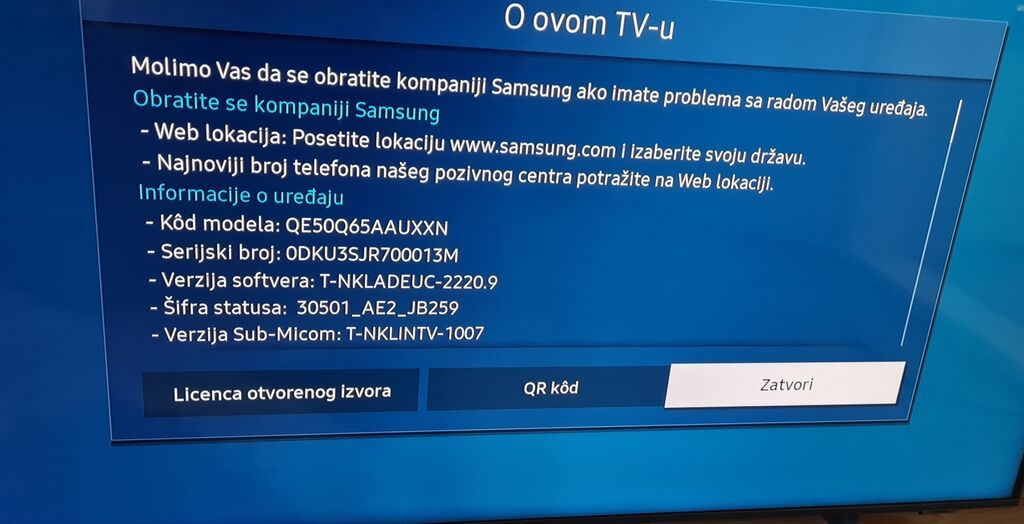 Televizori: Samsung QLED TV – model QE50Q65AAUXXN Ključne informacije sa ekrana