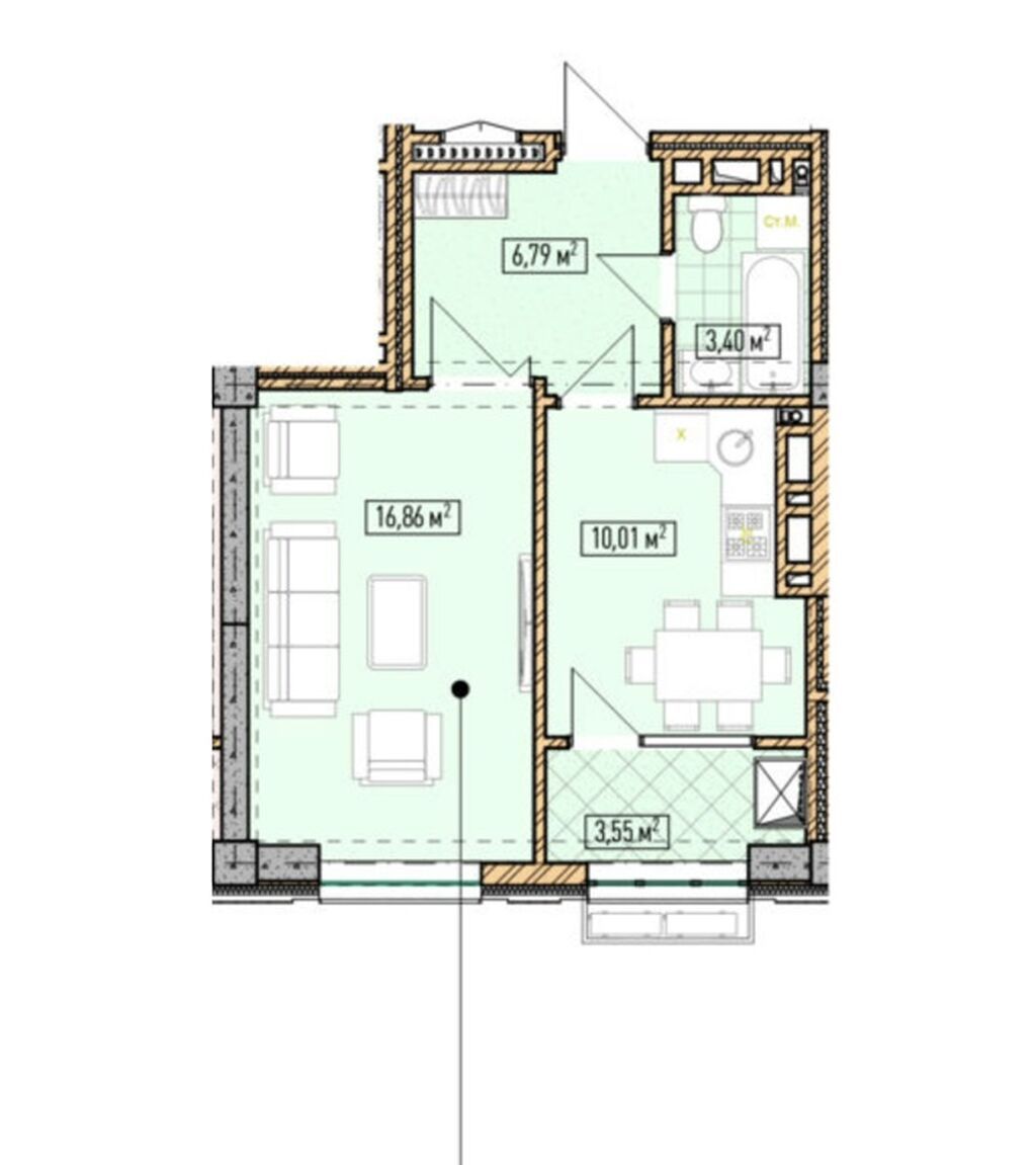 1 комната, 40 м², Элитка, 11 этаж, ПСО (под самоотделку): фото 2