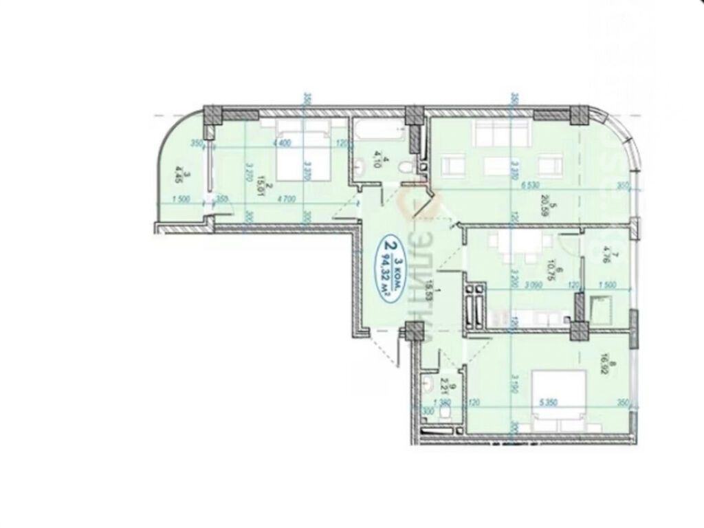 3 комнаты, 94 м², Индивидуалка, 11 этаж, ПСО (под самоотделку): фото 2
