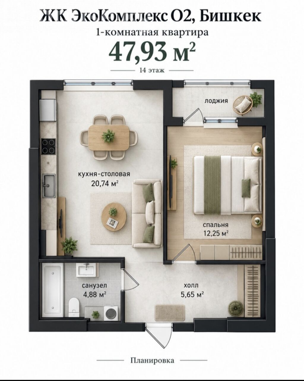 1 комната, 48 м², Ботанический сад Элитка, 6 этаж, ПСО (под самоотделку): фото 3