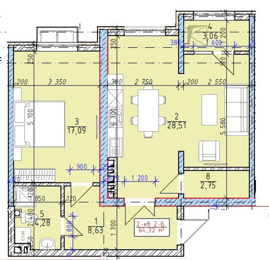 2 комнаты, 64 м², Элитка, 4 этаж: фото 5