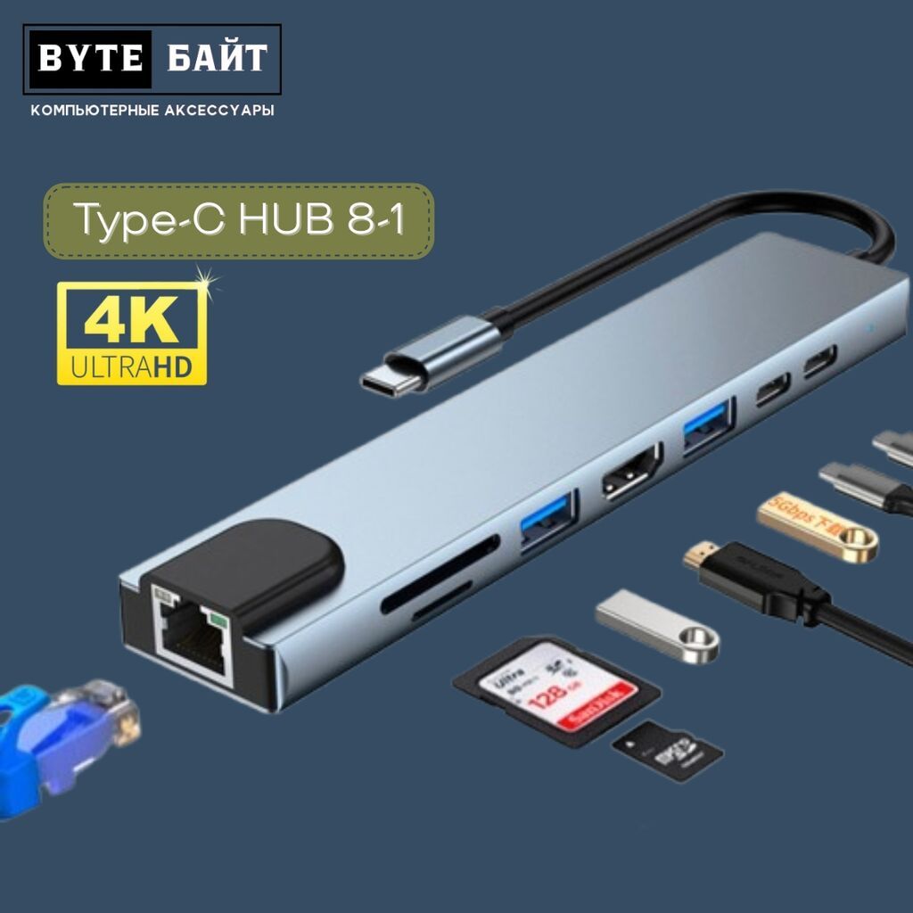 Type-C to HDMI HUB 11 in 1 Разрешение видео 4К Гигабитная сетевая: фото 2