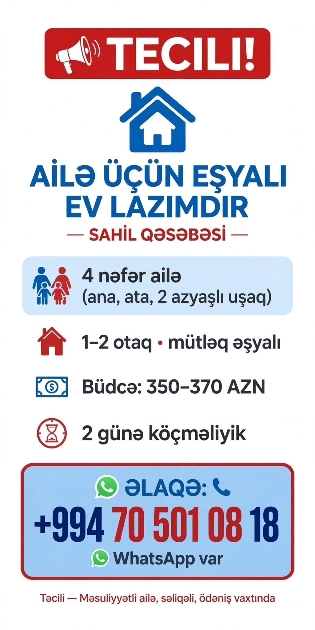 Ailə üçün əşyalı kirayə ev axtarılır — Sahil qəsəbəsi - 4 nəfərlik
