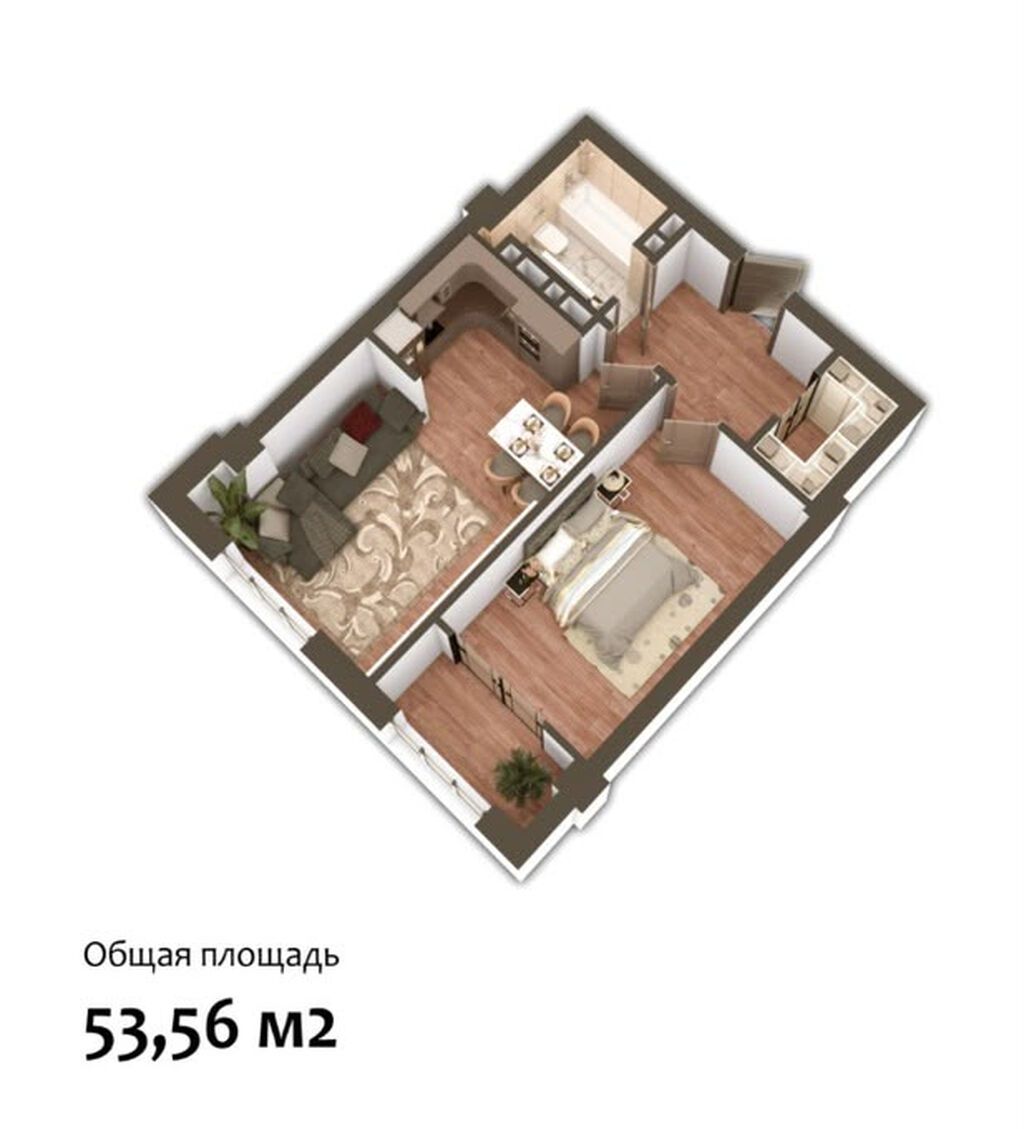 2 комнаты, 53 м², Асанбай мкр Элитка, 7 этаж, ПСО (под самоотделку): фото 3