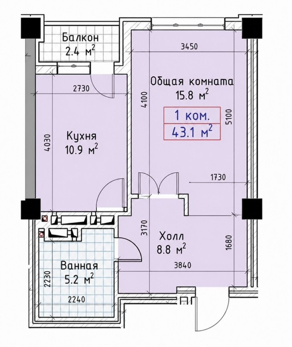 1 комната, 44 м², Элитка, 8 этаж, ПСО (под самоотделку): фото 6