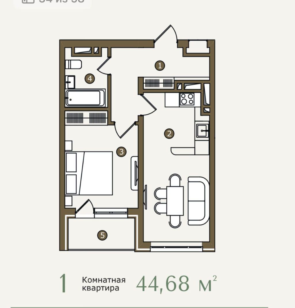 1 комната, 44 м², Улан-2 мкр Элитка, 4 этаж, ПСО (под самоотделку): фото 3