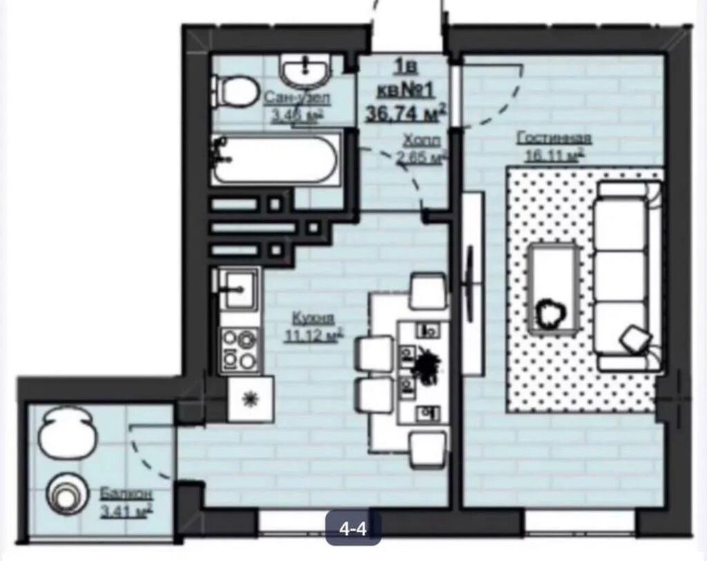 1 комната, 37 м², Асанбай мкр Элитка, 13 этаж, ПСО (под самоотделку): фото 2
