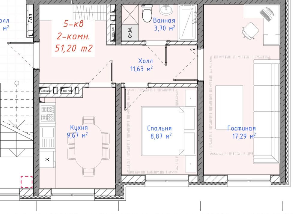 2 комнаты, 51 м², 2 этаж, ПСО (под самоотделку): фото 6