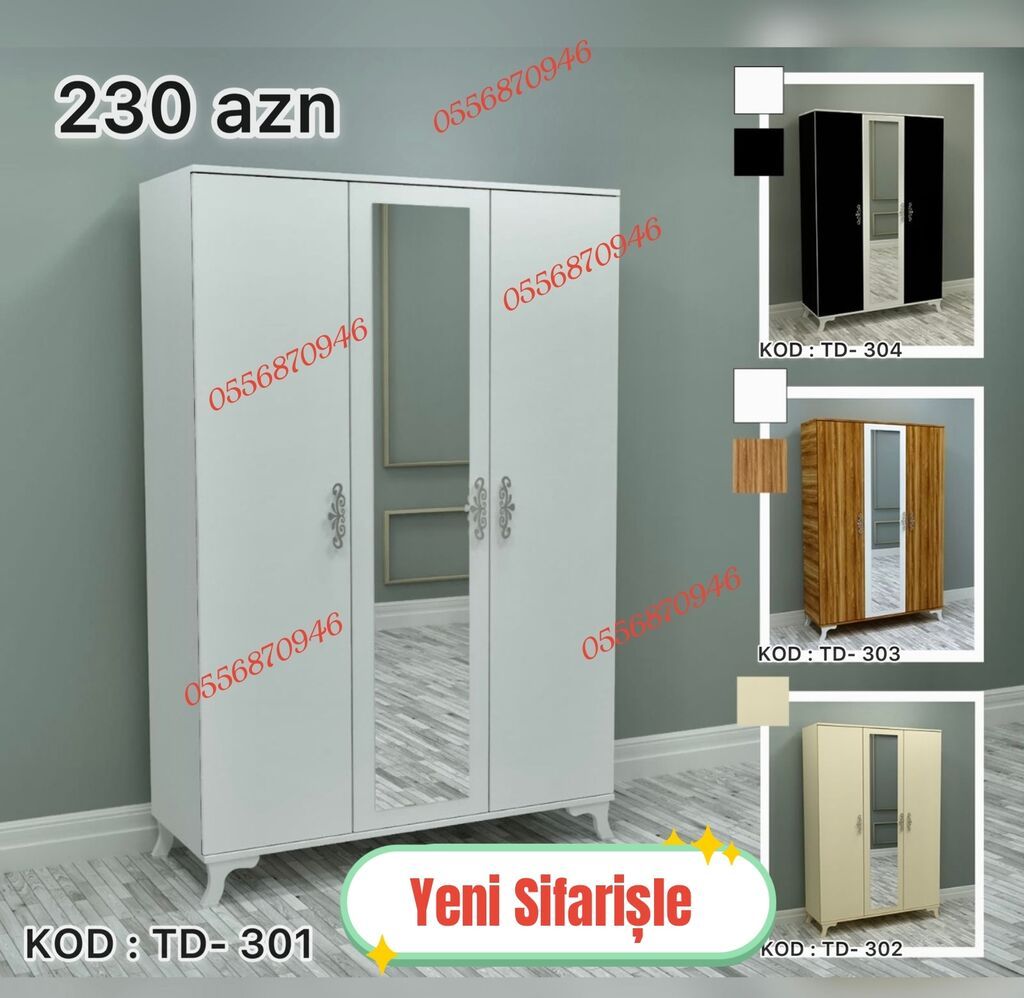 Yeni, 3 qapılı, Güzgülü, Ağ, Açılan, Düz dolab
