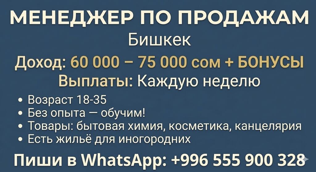 Менеджеры по продажам: Вакансия: менеджер по продажам (Бишкек) - Доход: 60 000–75 000 сом +