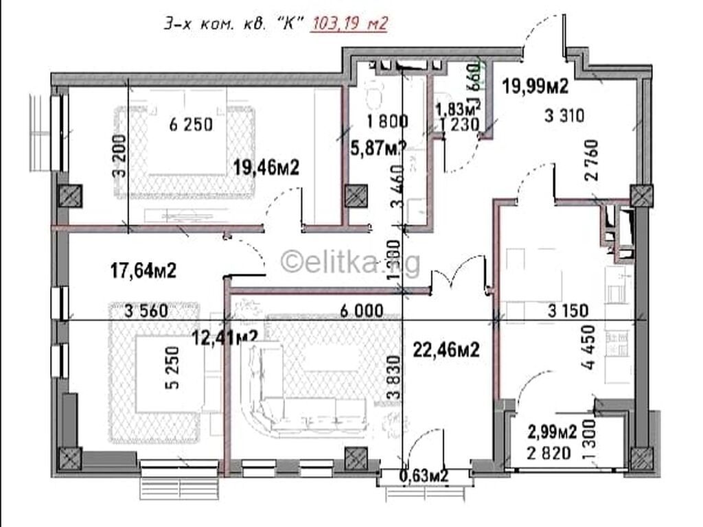 1 комната, 103 м², Южная Магистраль Элитка, 6 этаж, ПСО (под самоотделку): фото 5