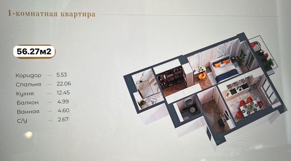 2 комнаты, 56 м², Кок-Жар мкр Элитка, 13 этаж, ПСО (под самоотделку): фото 3