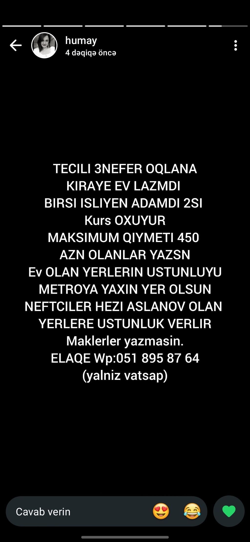 Təcili kirayə ev axtarılır: 3 nəfər oğlan üçün. Bir nəfər işləyir, 2